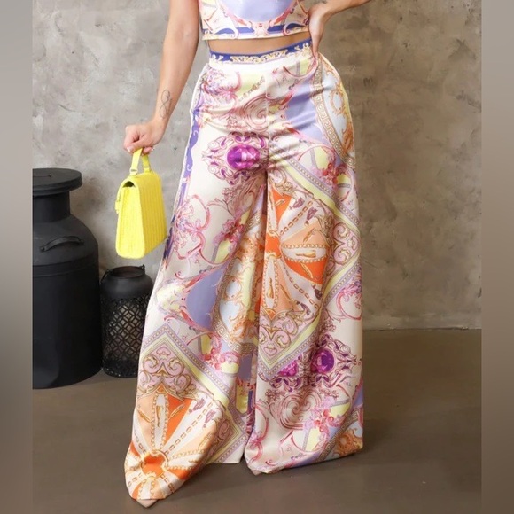 Steps New York Satin Wide Leg High Waist Pants Gold Multicolor Size L - Picture 4 of 4